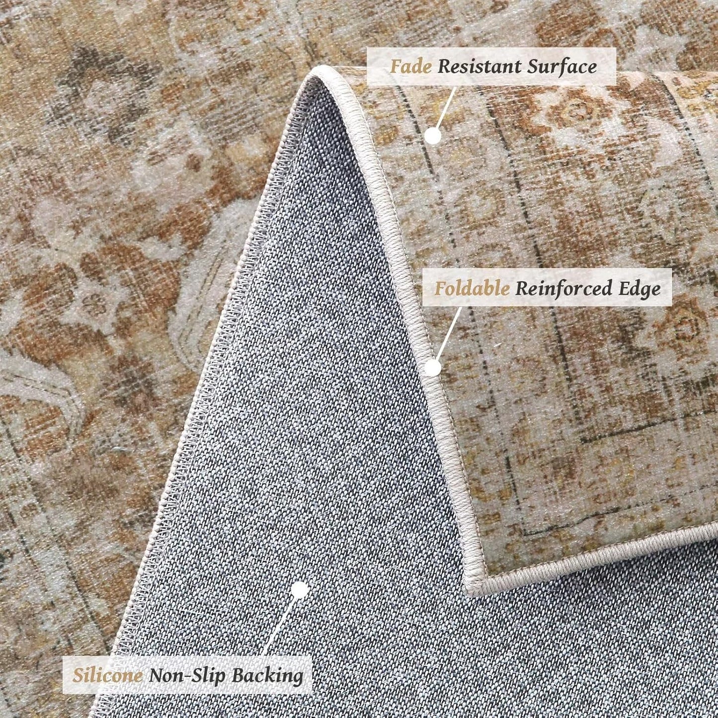 Washable 4x6 Rugs for Living Room, Boho Non-Slip Silicone Backing Small Rugs for Bedroom Nursery Office, 0.3" Neutral Oriental Throw Carpet with 0.16" Cushioning Pad, Brown/Multi