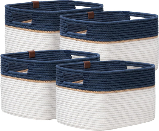 UBBCARE 4 Pack Baskets for Organizing, Woven Storage Baskets with Label for Toys and Towel, Rectangle Cotton Rope Basket with Handles, 15''L x10''W x9''H, Navy Blue&White