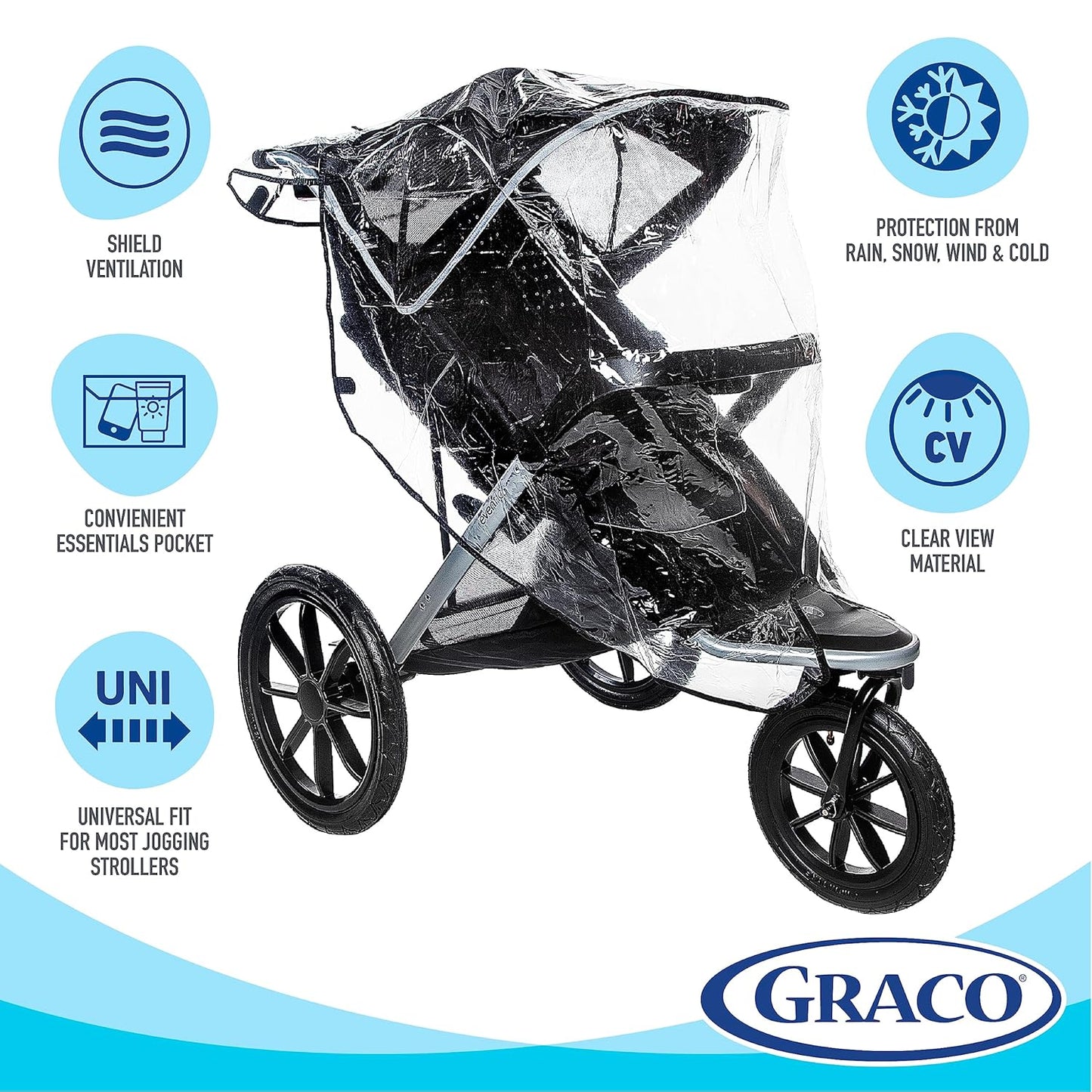 Graco Baby Jogging Stroller Universal Rain Cover, Ventilated Weather Shield, Waterproof, Windproof, Versatile Size to Fit Most Jogging Strollers, Vinyl, Clear, Plastic