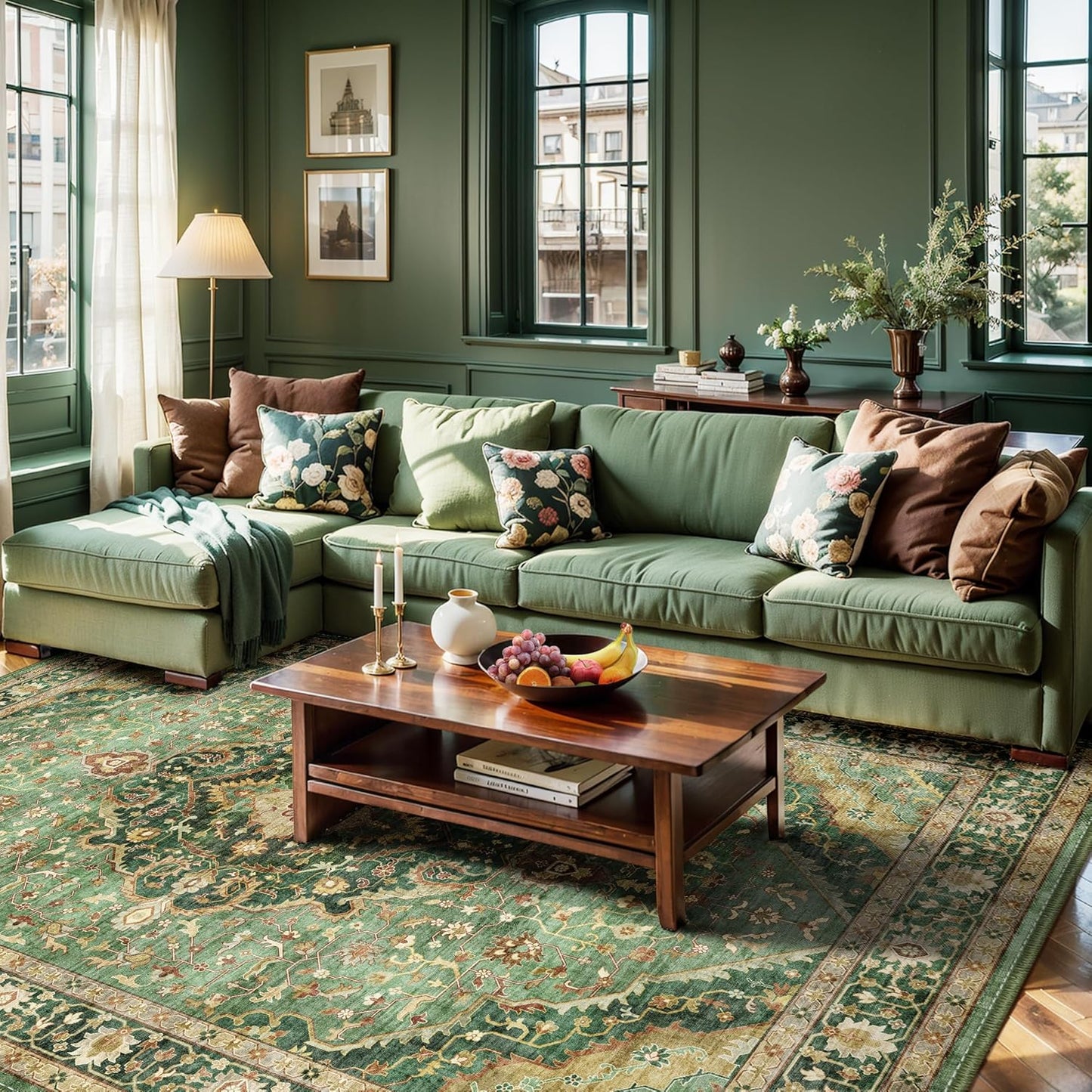 Green Rugs for Bedroom Area Rugs 5x7 Washable Rugs Boho Vintage Oriental Large Foldable Faux Wool Carpet for Living Room Nursery Room Dorm Kids Playroom Home Office