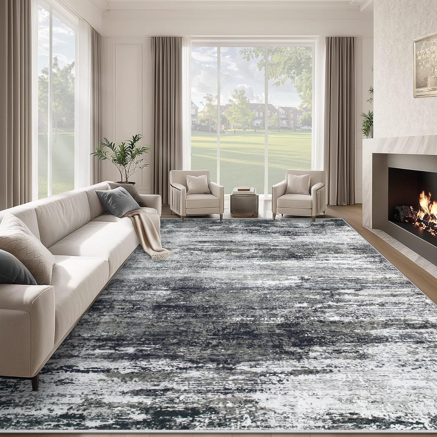 Washable Rug 9x12 Area Rugs for Living Room: Large Neutral Soft Rug Abstract Non Slip Low Pile Modern Carpet for Bedroom Kitchen Nursery Office Dining Room Indoor (Black, 9'x12')