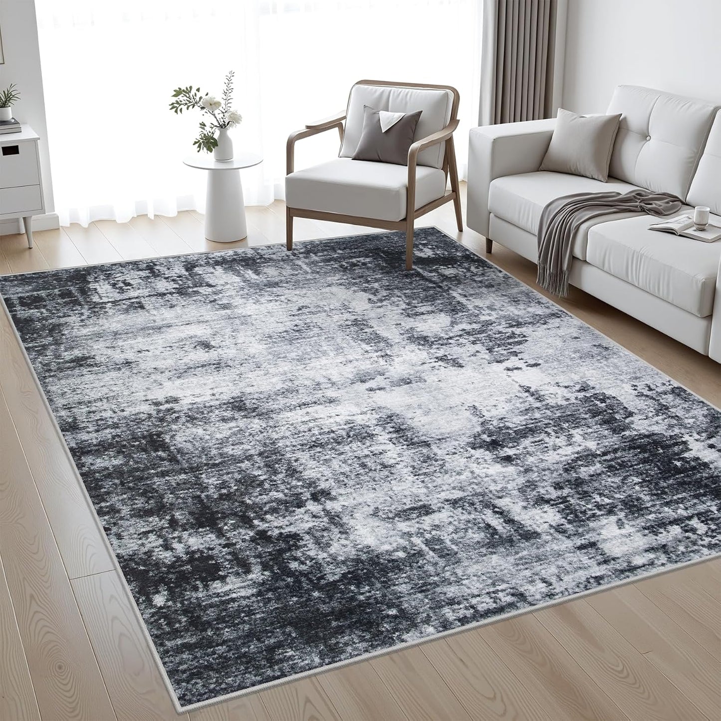 5x7 Area Rug Living Room Rug: Washable Modern Abstract Soft Thin Rug Indoor Floor No Slip Stain Resistant Carpet for Bedroom Dining Room Farmhouse Nursery Home Office - Dark Black