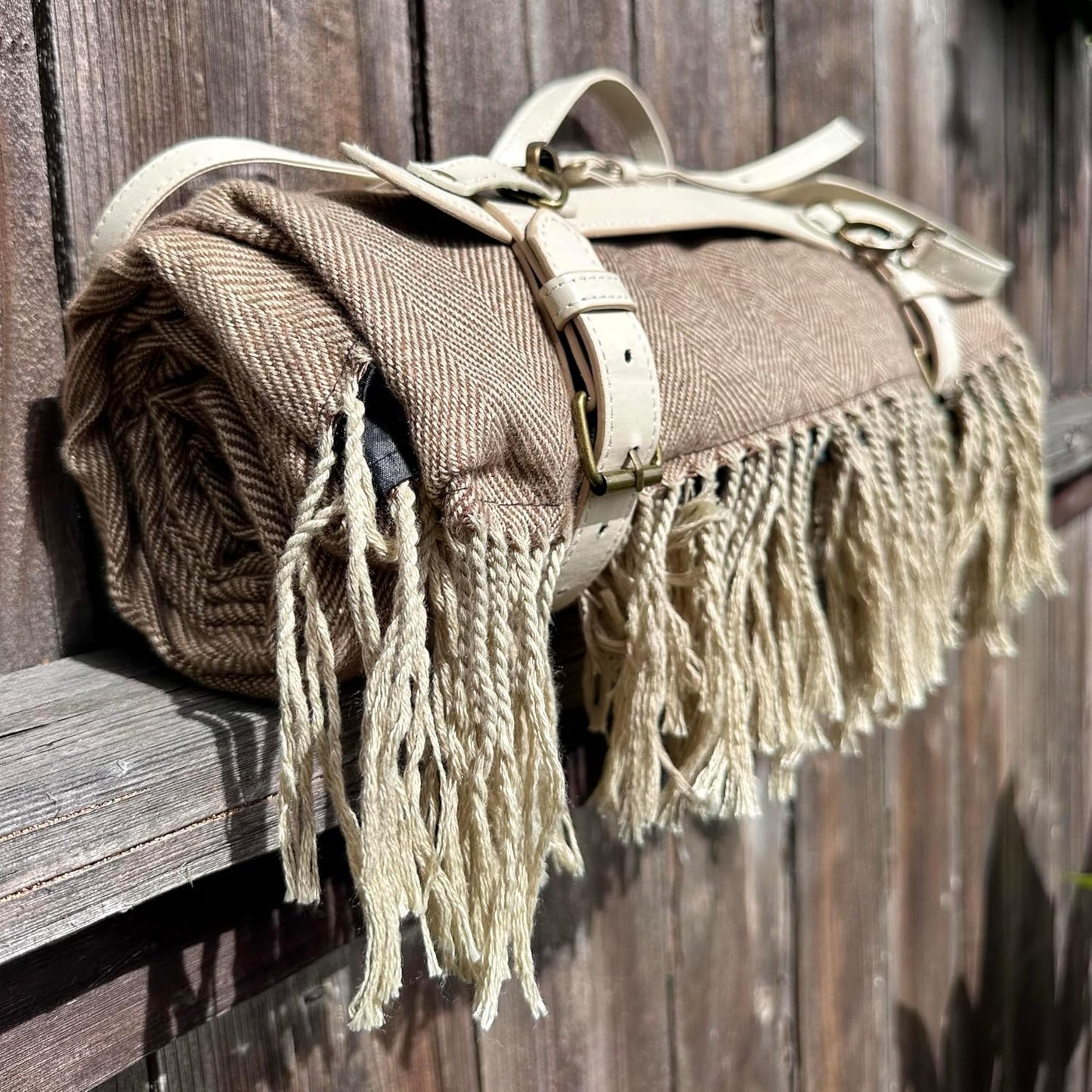Picnic Blanket Extra Large Waterproof with Strap 59"x79" - Machine Washable Tassels Faux Wool Cashmere for Park, Grass, Camping, Hiking, Concerts (Deep Tan with white shoulder strap, 59"X79")