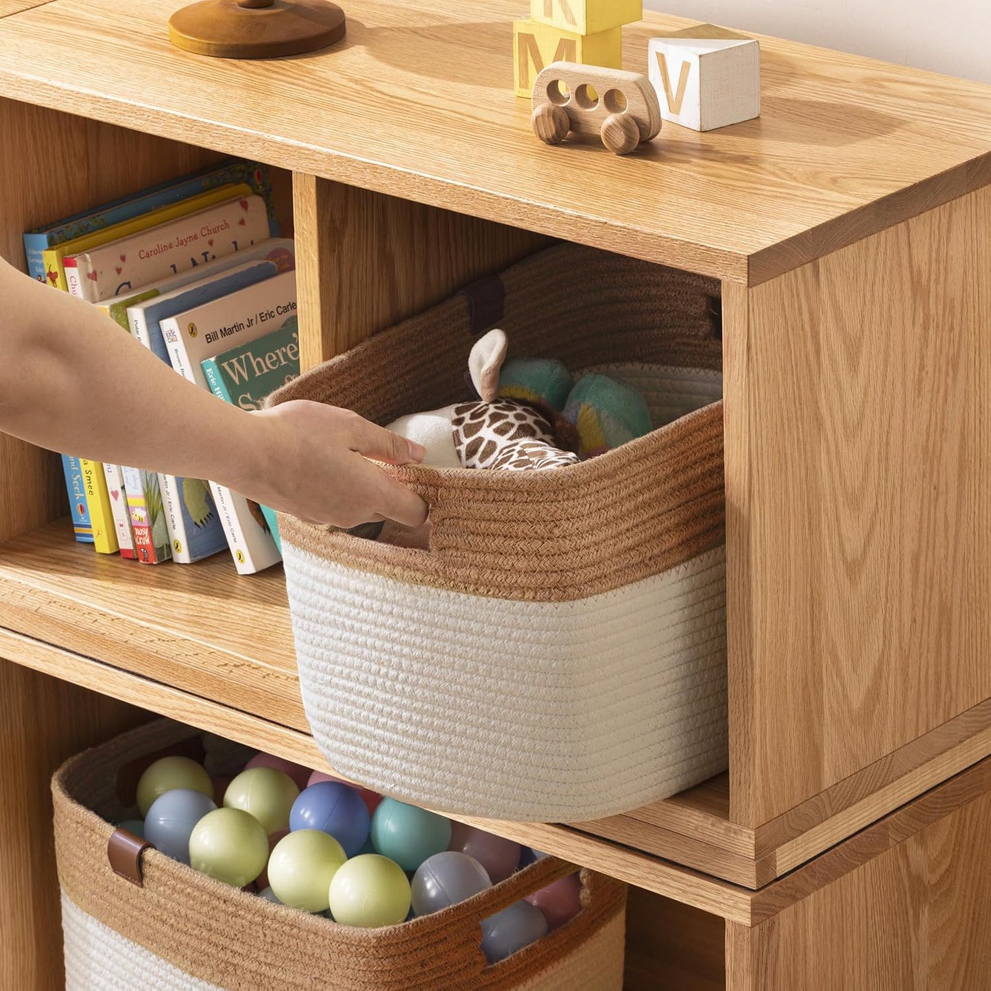 UBBCARE 2 Pack Baskets for Organizing, Woven Storage Baskets with Label for Toys and Towel, Rectangle Cotton Rope Basket with Handles, 15''L x10''W x9''H, Jute&White