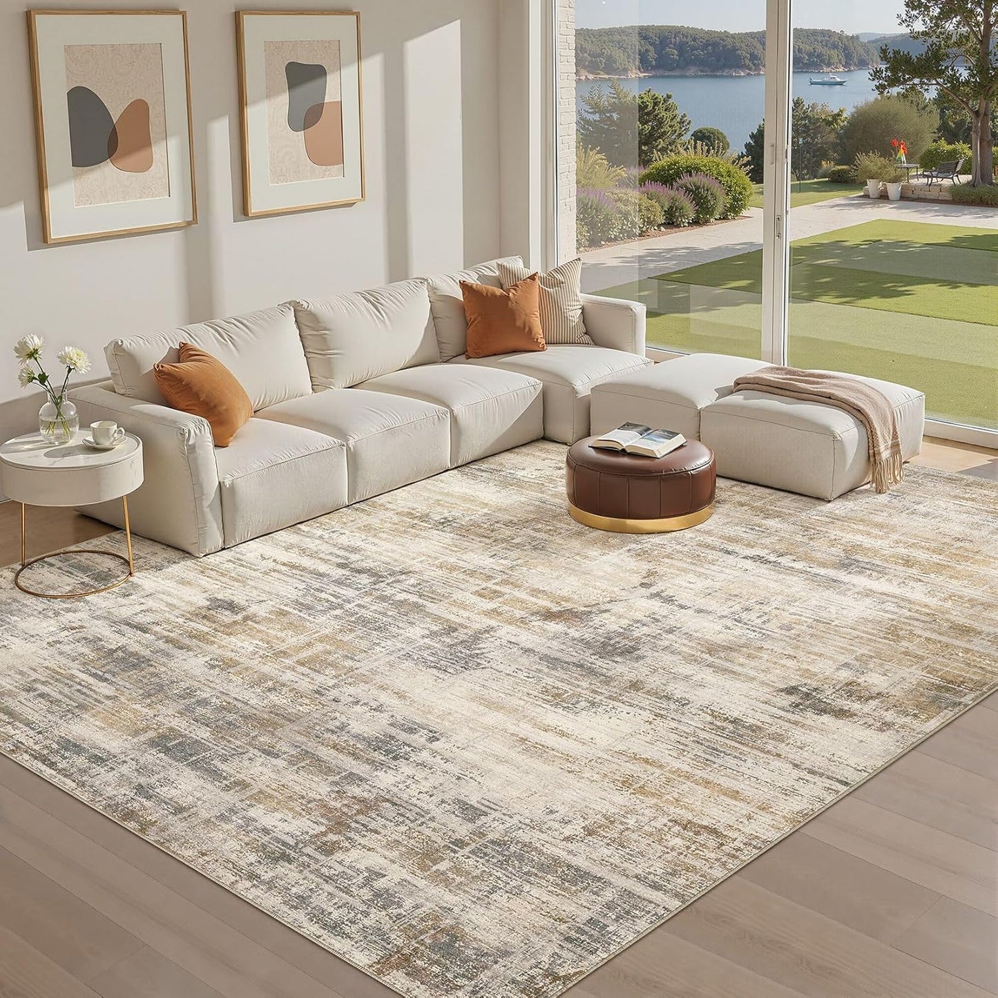Area Rug for Living Room: 10x12 Washable Neutral Abstract Modern Soft Rugs Non Slip Indoor Floor Stain Resistant Large Carpet for Bedroom Dining Room Office Nursery - Golden Brown
