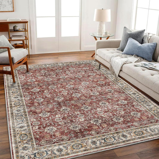 Area Rug 6'x9' Washable Vintage Traditional Floor Cover Thin Retro Kitchen Indoor Distressed Non Slip Carpet for Living Room Bedroom Dining Room