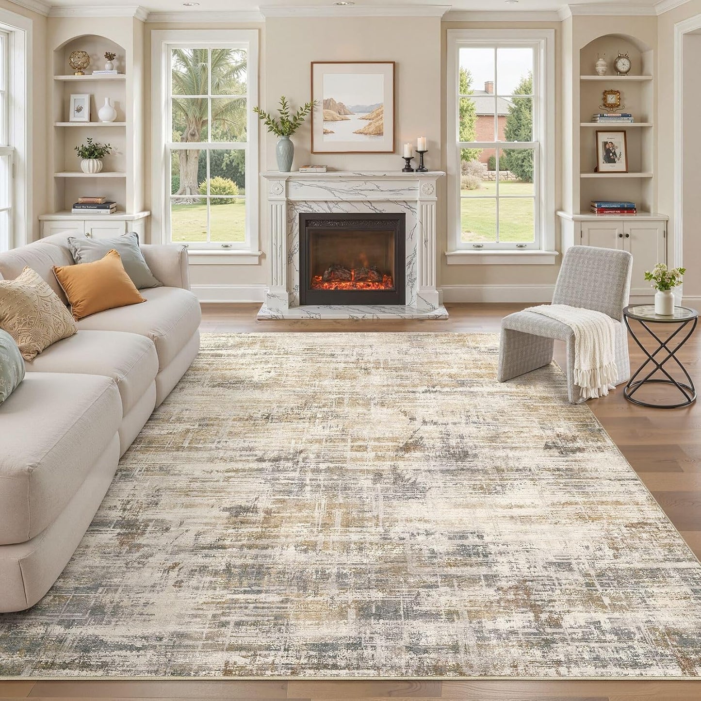 Area Rug for Living Room: 7x9 Washable Neutral Abstract Modern Soft Rugs Non Slip Indoor Floor Stain Resistant Large Carpet for Bedroom Dining Room Office Nursery - Golden Brown