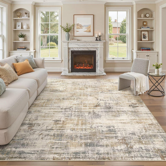 Area Rug for Living Room: 8x10 Washable Neutral Abstract Modern Soft Rugs Non Slip Indoor Floor Stain Resistant Large Carpet for Bedroom Dining Room Office Nursery - Golden Brown