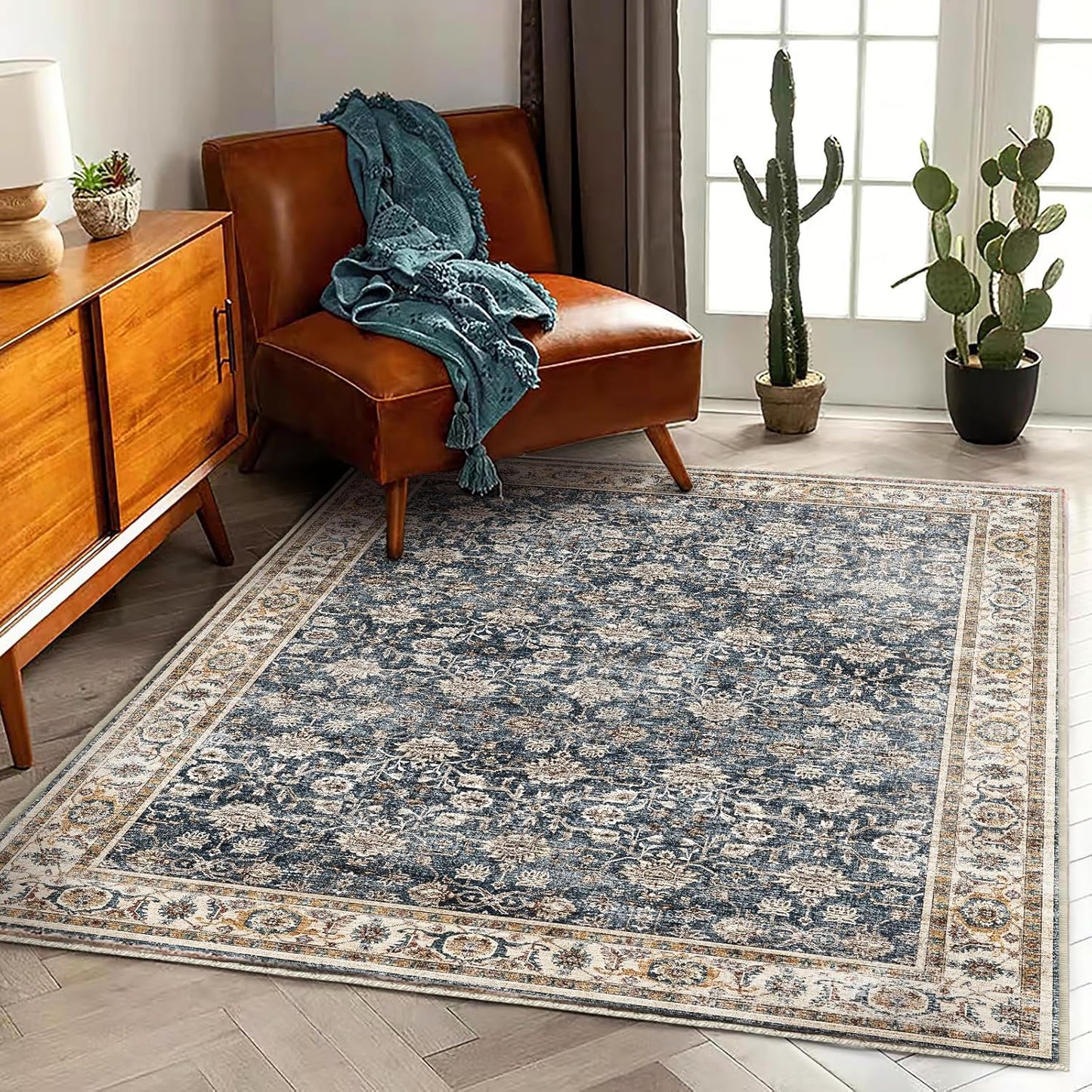 Area Rug 5'x7' Washable Rug Vintage Traditional Floor Cover Thin Retro Kitchen Indoor Distressed Non Slip Carpet for Living Room Bedroom Dining Room