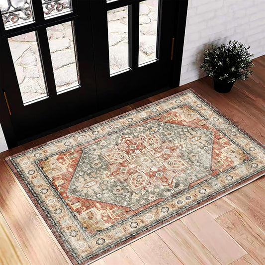 2'x3' Red Khaki Area Rug Washable Door Mat Vintage Distressed Doormat Indoor Entrance Traditional Thin Floral Print Non Slip Carpet for Kitchen Bathroom Bedroom Living Room
