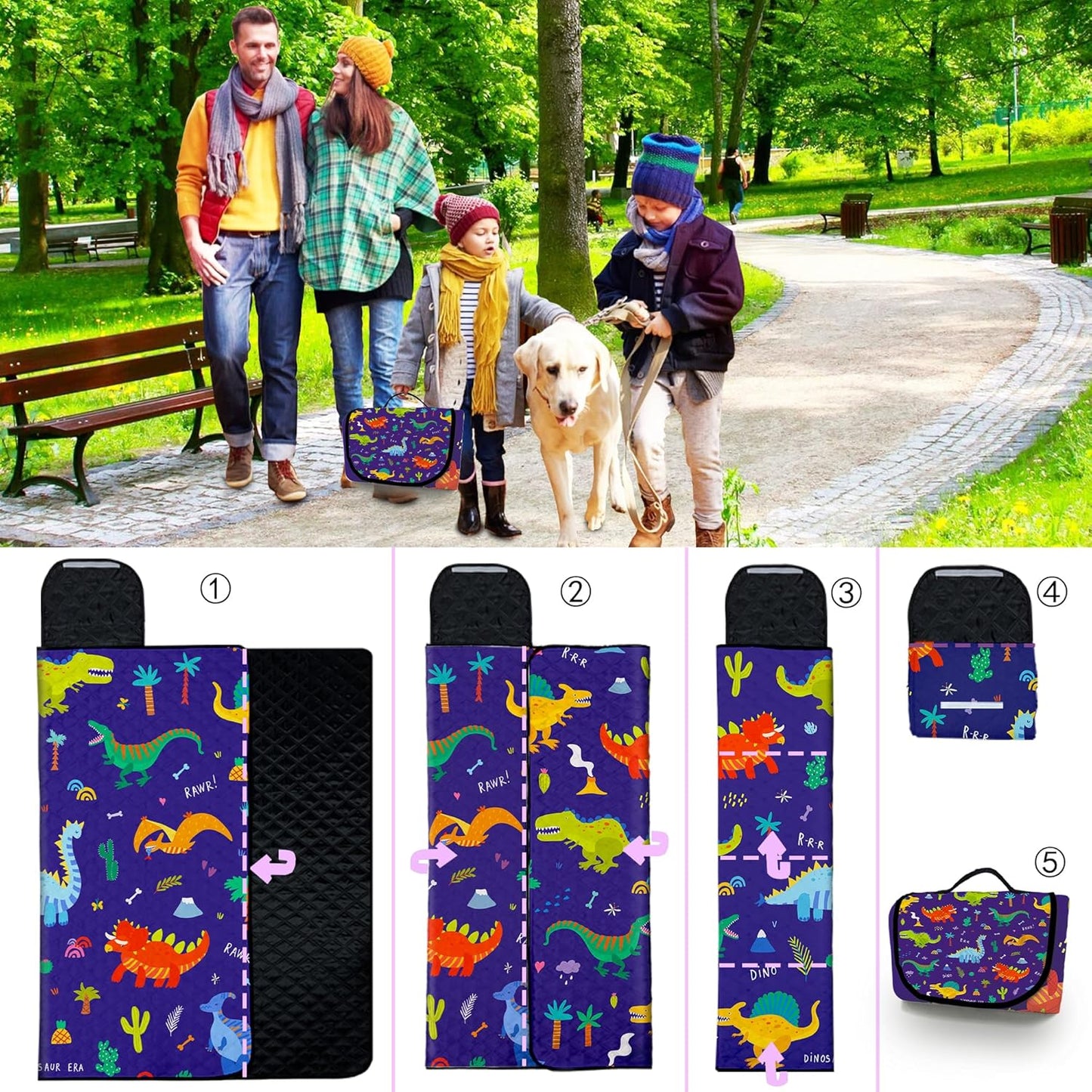 Extra Large Picnic Blanket Waterproof,80"x 80"Foldable Machine Washable Beach Blankets,Outdoor Blanket for 6-8 Adults,Picnic Mat Suitable for Indoor Crawling,Park Beach,Camping,Hiking,Travel（Dinosaur)