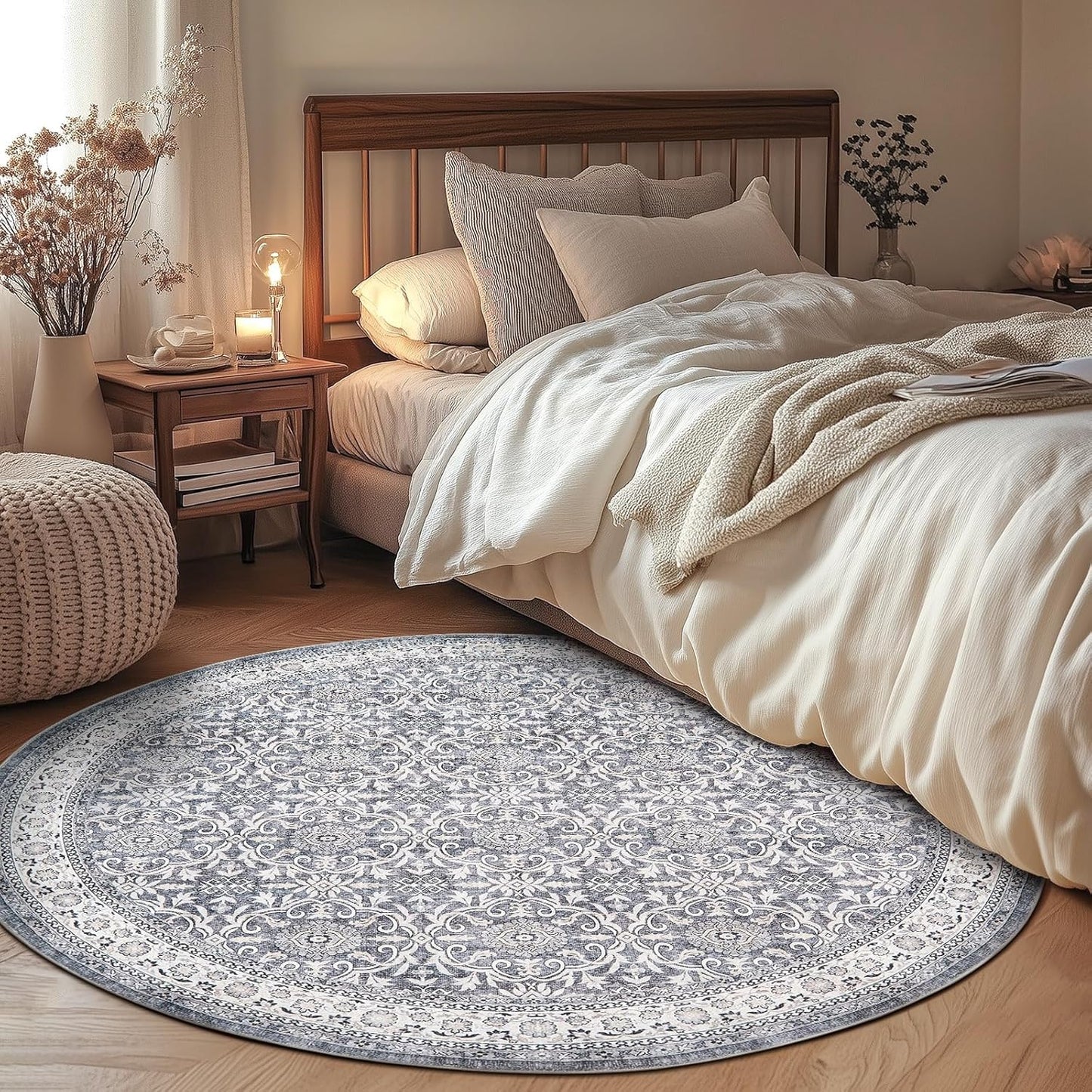 jinchan Round Rug 5ft Washable Circle Soft Rug - Low Pile Vintage 5'Round Indoor Grey Floral Print Stain Resistant Boho Carpet Ultra-Thin Non-Slip for Entryway Nursery Bedroom Dining Room Kitchen