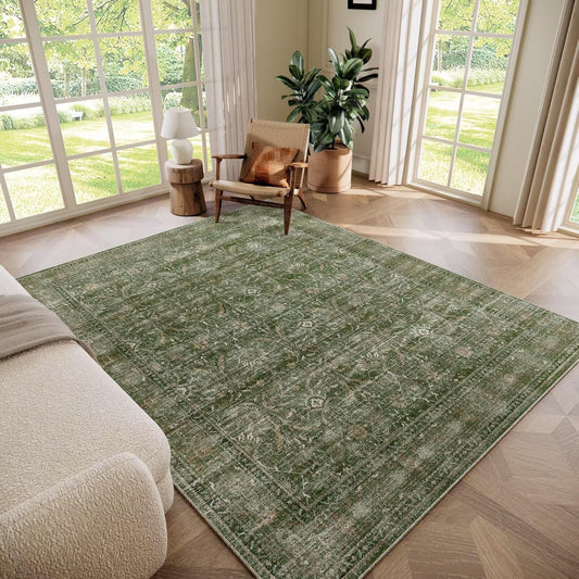 Washable 5x7 Area Rugs for Living Room, Boho Non-Slip Silicone Backing Rugs for Bedroom Dining Room Nursery Office, 0.3" Neutral Oriental Throw Carpet with 0.16" Cushioning Pad, Grass Green/Multi