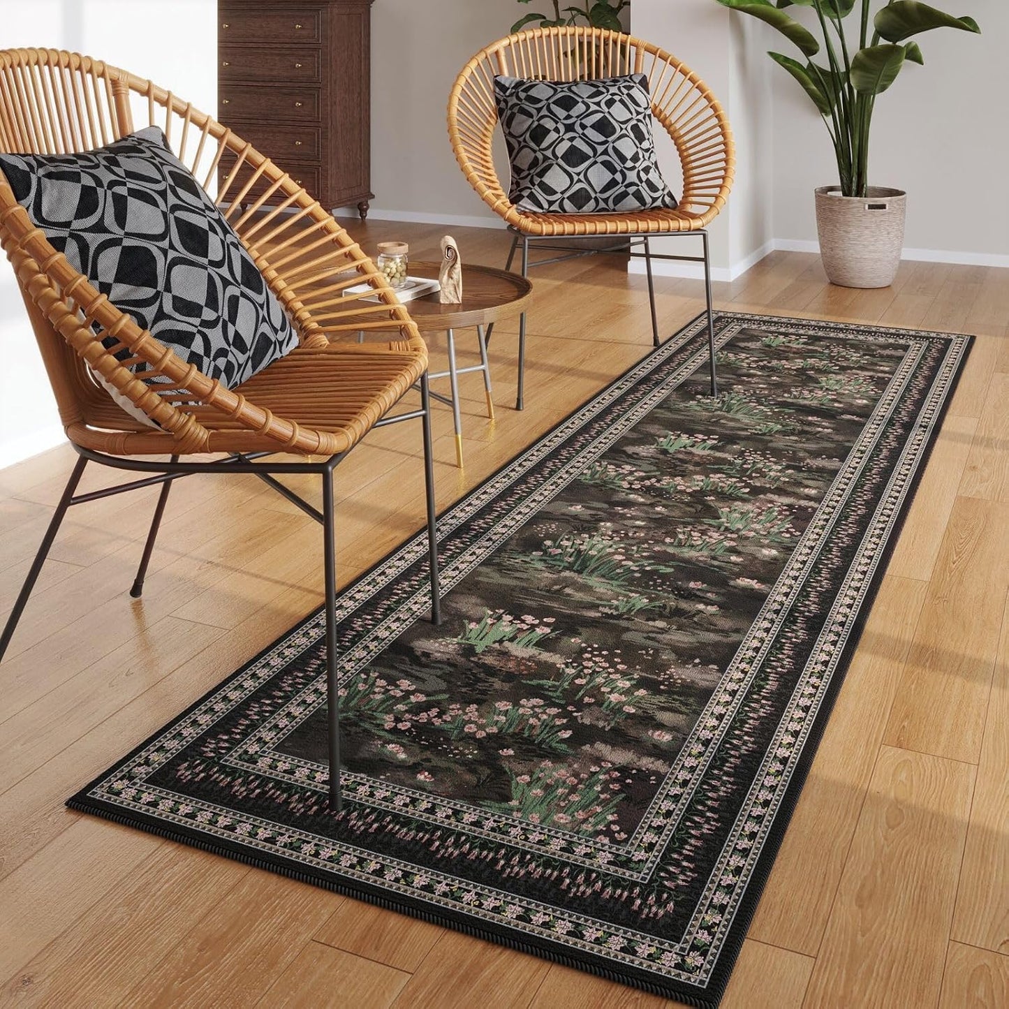 2x6 Runner Rug Impressionist-Style Vintage Kitchen Rugs Non Slip Washable Soft Carpet Runner for Kitchen Laundry Bedroom Bathroom, Black