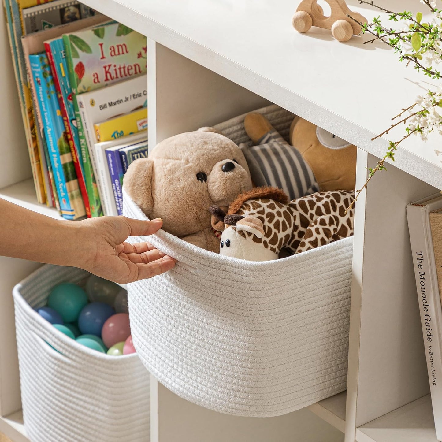 UBBCARE 4 Pack Baskets for Organizing, Woven Storage Baskets for Toys and Towel, Rectangle Cotton Rope Basket with Handles, 15''L x10''W x9''H, White