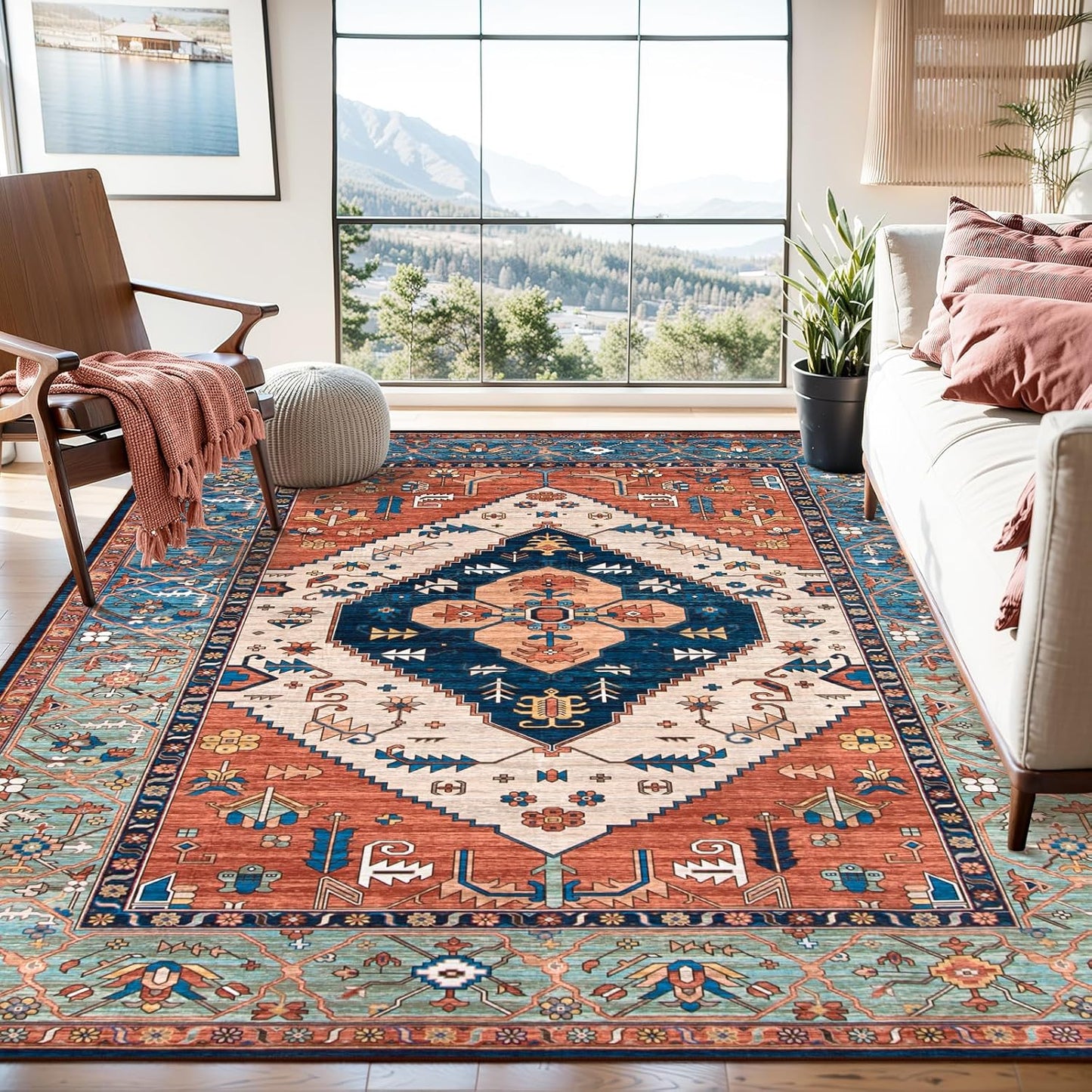 Lahome Oriental Washable Rug 6x9, Non-Slip Ultra-Thin Living Room Area Rug, Stain Resistant Vintage Carpet for Bedroom Dining Room Office
