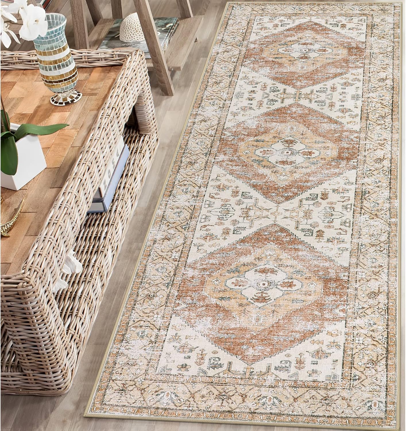 Lahome Boho Washable Rug Runner - 2x7 Non-Slip Runners Rugs for Hallways Non-Shedding Lightweight Runners for Kitchen, Oriental Distressed Print Indoor Carpet Runner for Entrance Bathroom Laundry Room