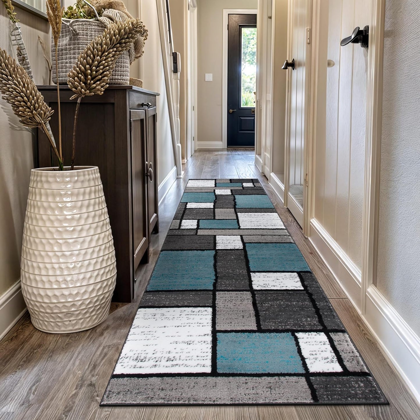 Rugshop Contemporary Modern Boxes for Home Office,Living Room,Bedroom,Kitchen Non Shedding Runner Rug 2'7" x 12' Blue