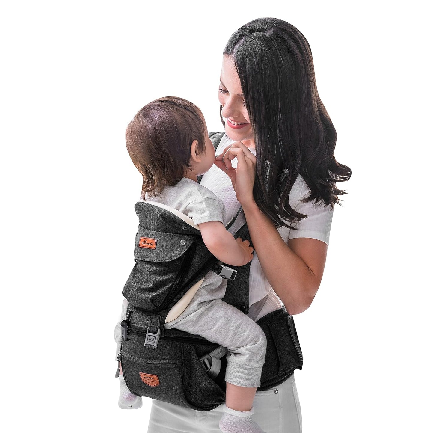 SUNVENO 3 in 1 Ergonomic Baby Carrier with Hip Seat for Newborns and Toddlers, Supports 20 lbs and Up, Waist and Back Relief with Large Weight Capacity for All Season Use,Black