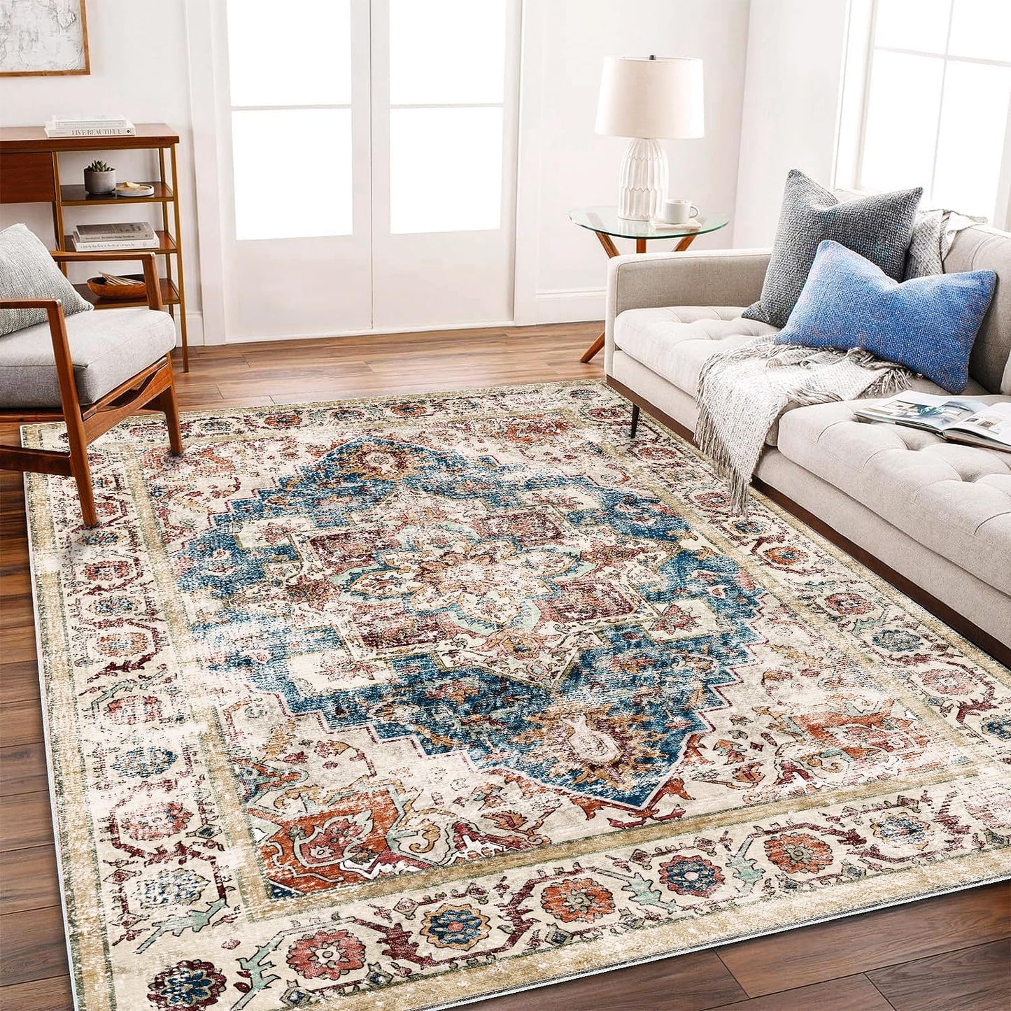 Washable Vintage Area Rug 6'x9' Boho Beige Blue Chic Medallion Distressed Design Non-Shedding Easy Care Ideal for High Traffic Areas in Living Room Bedroom Kitchen Office Large Carpet