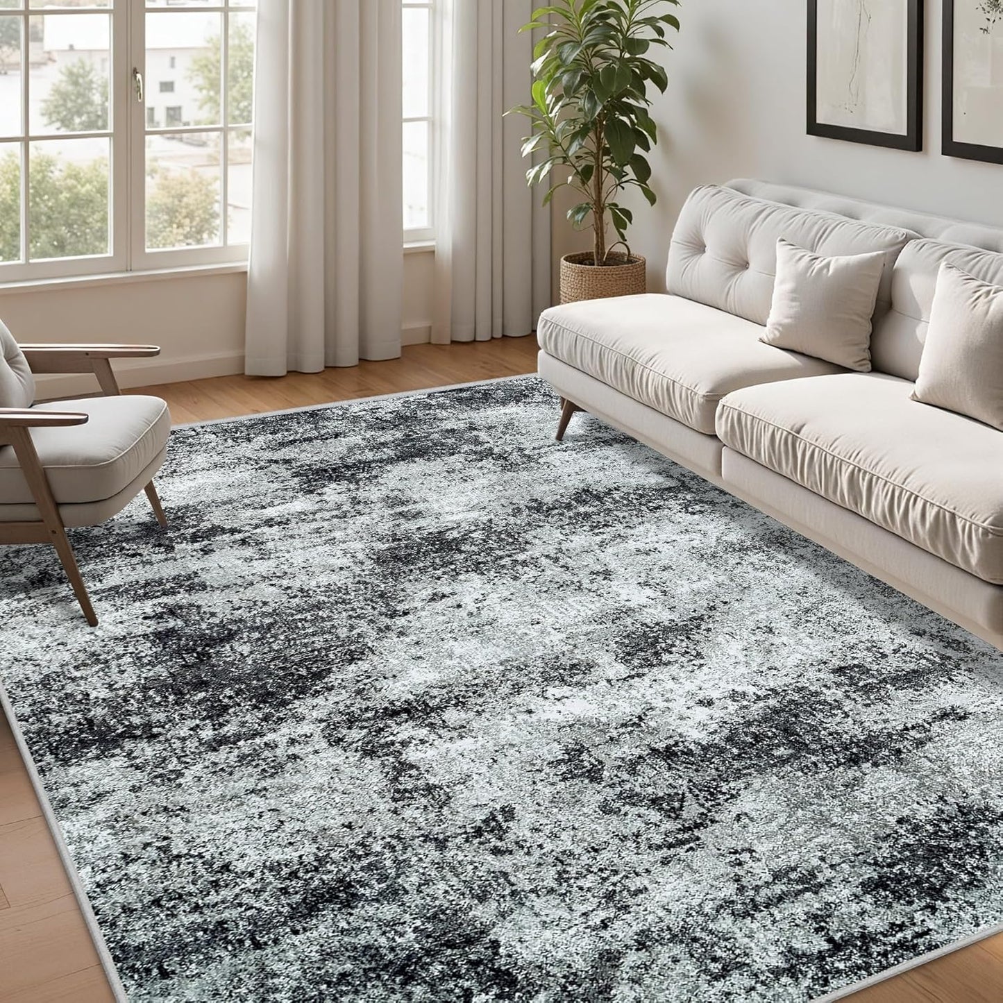 Washable Rug 6x9 Area Rugs: Abstract Washable Rugs with Non-Slip Backing, Stain Resistant Indoor Floor Carpet for Bedroom Dining Room Table Nursery Hallway Home Office Dark Black/Gray