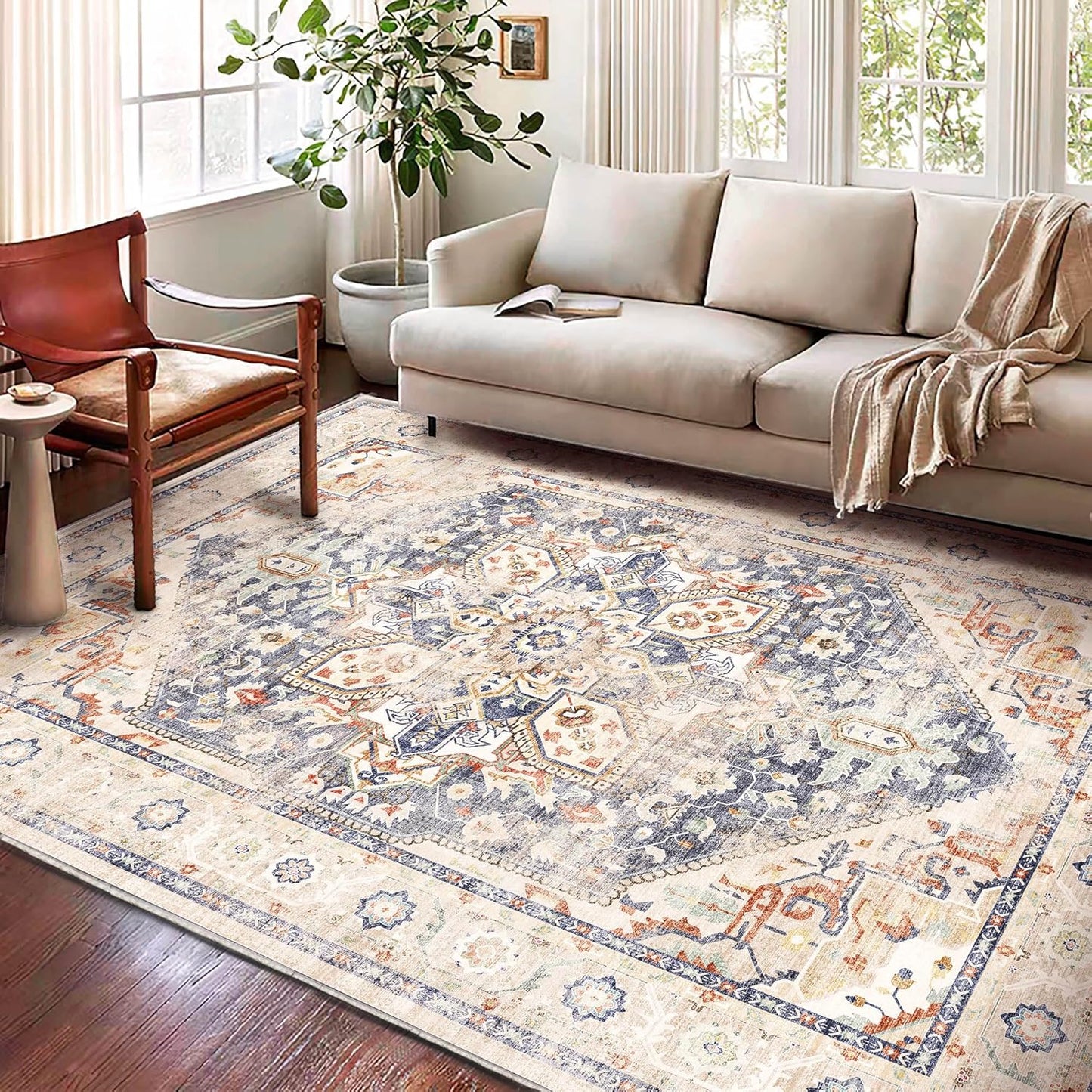 Area Rug 6'x9' Blue Khaki Washable Vintage Traditional Floor Cover Thin Retro Kitchen Indoor Distressed Non Slip Carpet Floral for Living Room Bedroom Dining Room