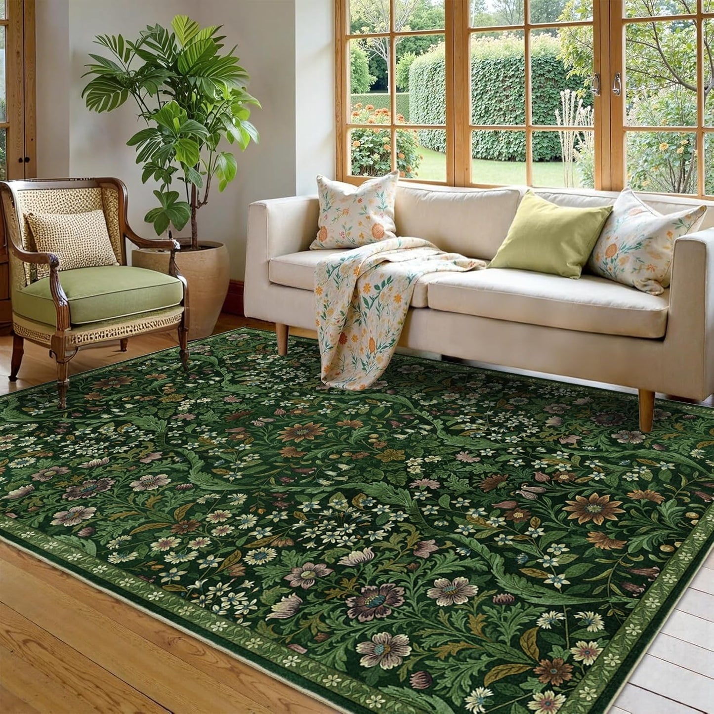 Floral Washable 6x9 Area Rug，Dark Green Boho Rugs for Living Room, Soft Low-Pile Non-Slip Stain Resistant & Non-Shedding Carpet for Bedroom, Dining Room, Office, Entryway, Nursery