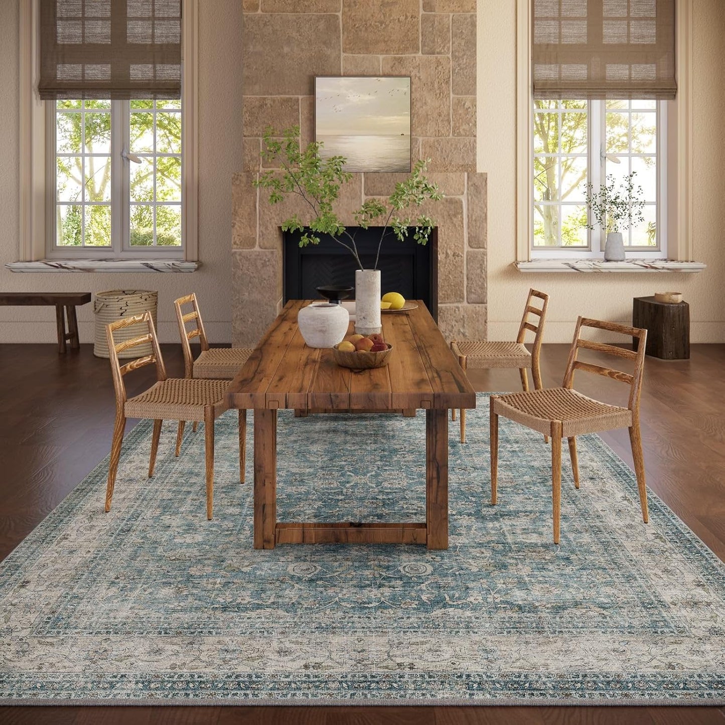 Machine Washable Living Room Rug: 8x10 Area Rugs for Bedroom Vintage Stain Resistant Non Slip Low Pile Lightweight Boho Carpet for Kitchen Dining Room Farmhouse Kids Room Nursery
