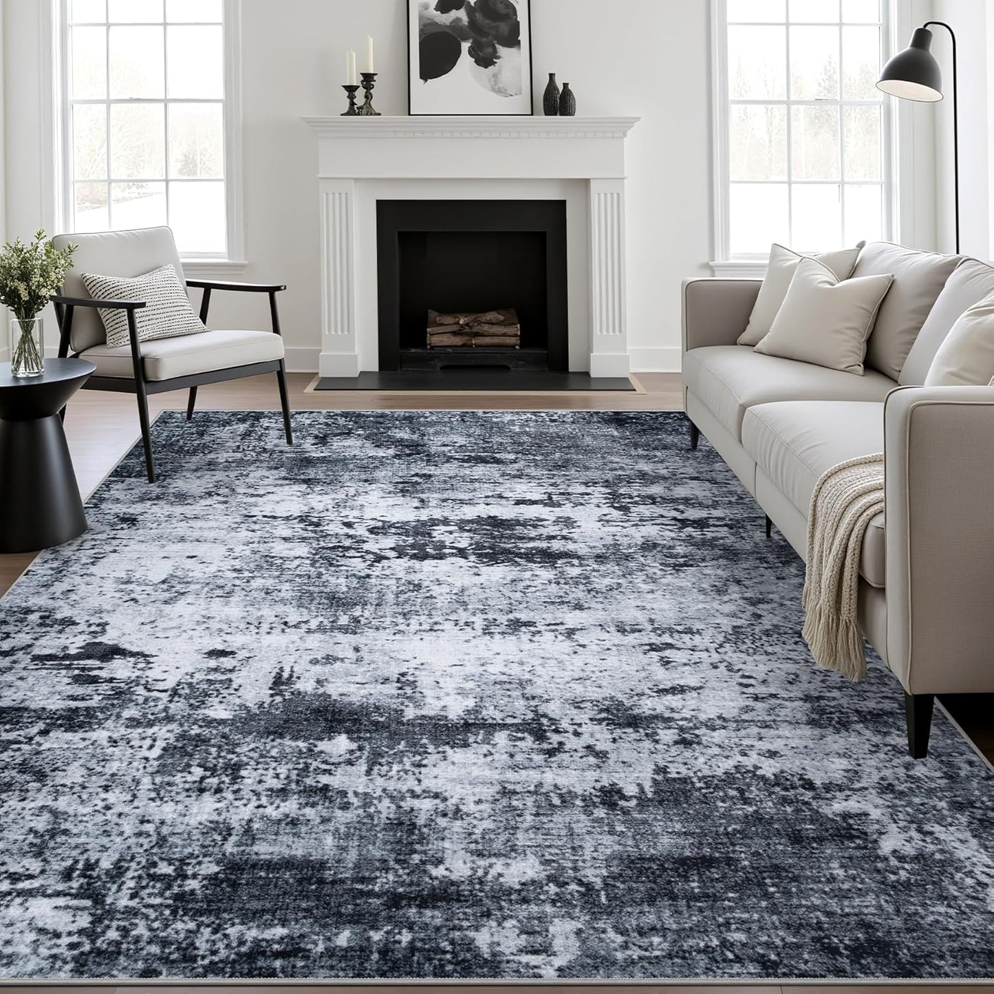 6x9 Area Rug Living Room Rug: Washable Modern Abstract Soft Thin Rug Indoor Floor No Slip Stain Resistant Carpet for Bedroom Dining Room Farmhouse Nursery Home Office - Black