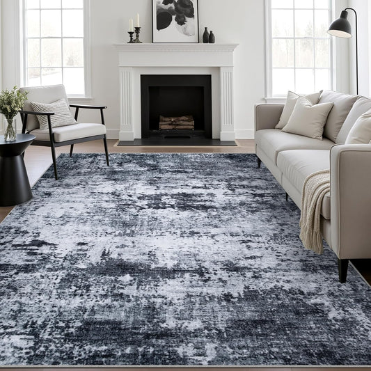 9x12 Area Rug Living Room Rug: Washable Modern Abstract Soft Thin Rug Indoor Floor No Slip Stain Resistant Carpet for Bedroom Dining Room Farmhouse Nursery Home Office - Black