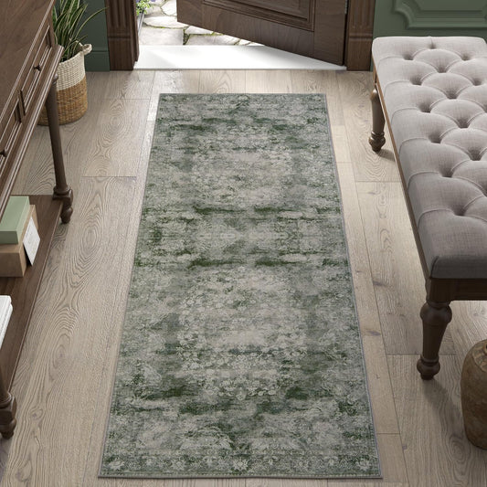 jinchan Green Runner Rug 2x5 - Machine Washable Vintage Floral Distressed Design Non-Slip Low-Pile Soft Thin Carpet for Hallway Kitchen Farmhouse Bedroom Entryway Laundry (2x5ft,Forest Green)