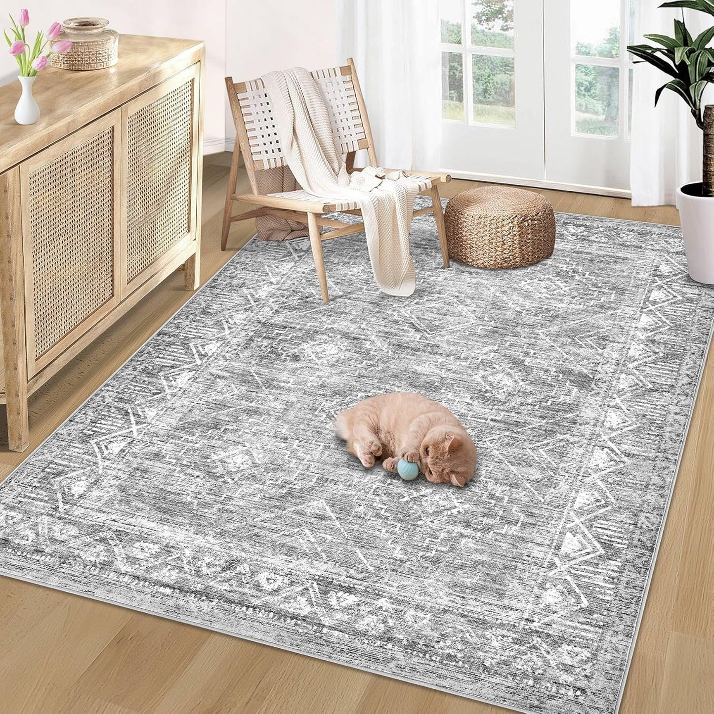 Vintage Moroccan Trellis Area Rug - 3x5 Machine Washable Boho Geometric Farmhouse Rugs Neutral Stain Resistant Non Slip Indoor Carpet for Entrance Bedroom Dining Room Nursery Home Office (3 x 5, Grey)