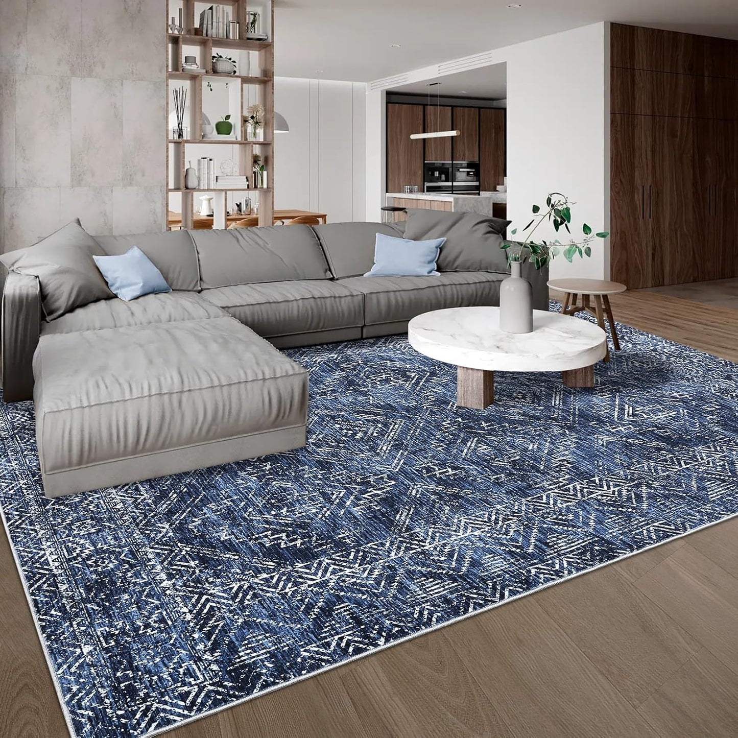 COZYLOOM Washable Area Rugs 10x13 Vintage Non Slip Low Pile Rug Soft Throw Floor Cover Geometric Tribal Foldable Indoor Carpet for Living Room Bedroom Playroom Nursery, Blue