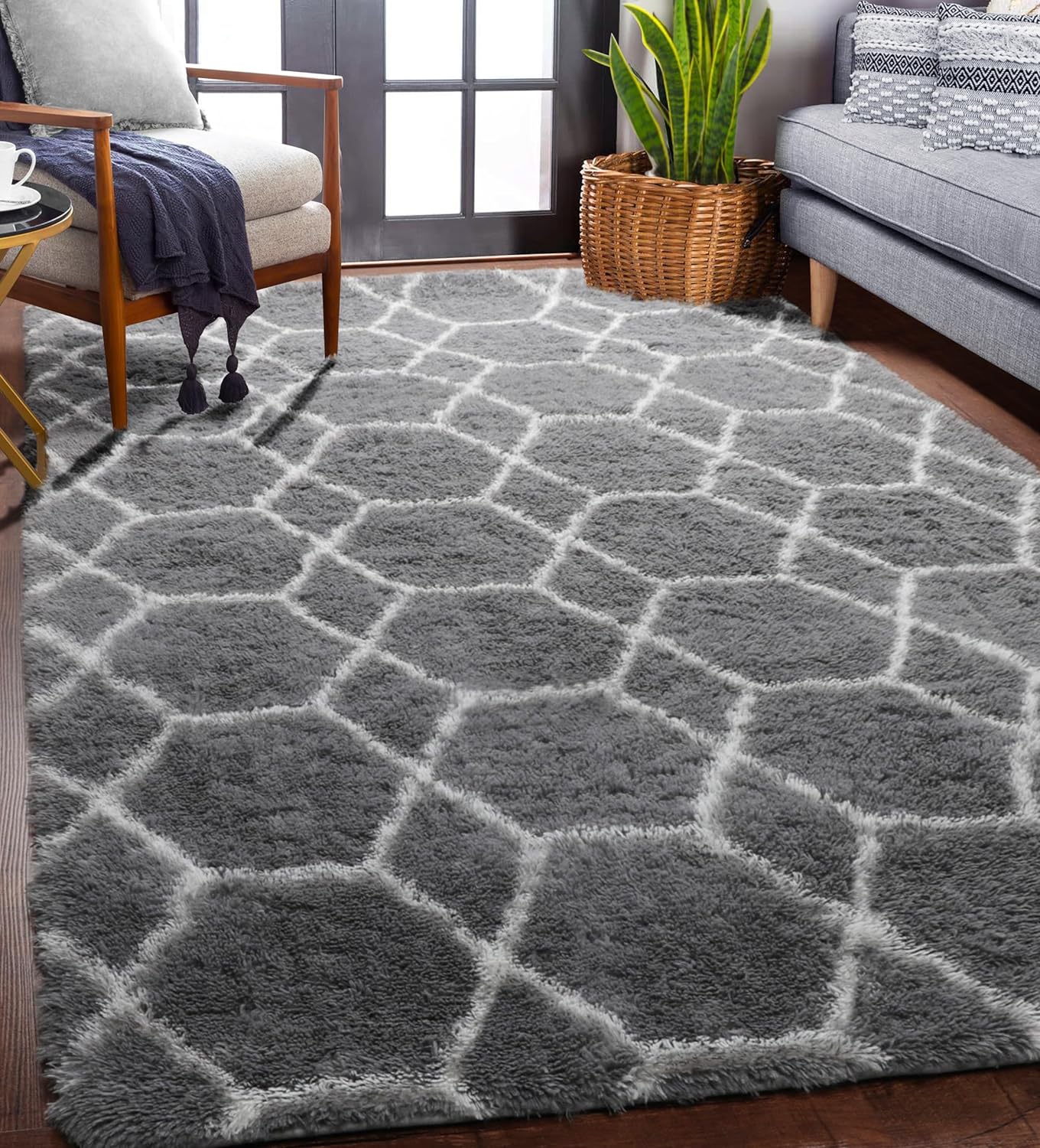 ONASAR Area Rugs for Living Room Bedroom, 5x8 Washable Fluffy Grey and White Rug, Geometric Boho Soft Plush Shaggy Fuzzy Floor Carpet for Nursery Kids Girls Boys Teen Dorm Home Decor Aesthetic