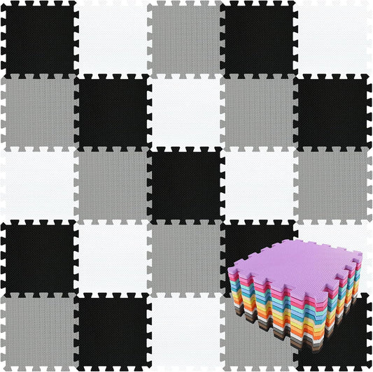 qqpp EVA Rubber 18 Tiles Interlocking Puzzle Foam Floor Mats - Baby Play Mat for Playing | Exercise Mat for Home Workout. White, Black, Gray. QC-ADLb18N