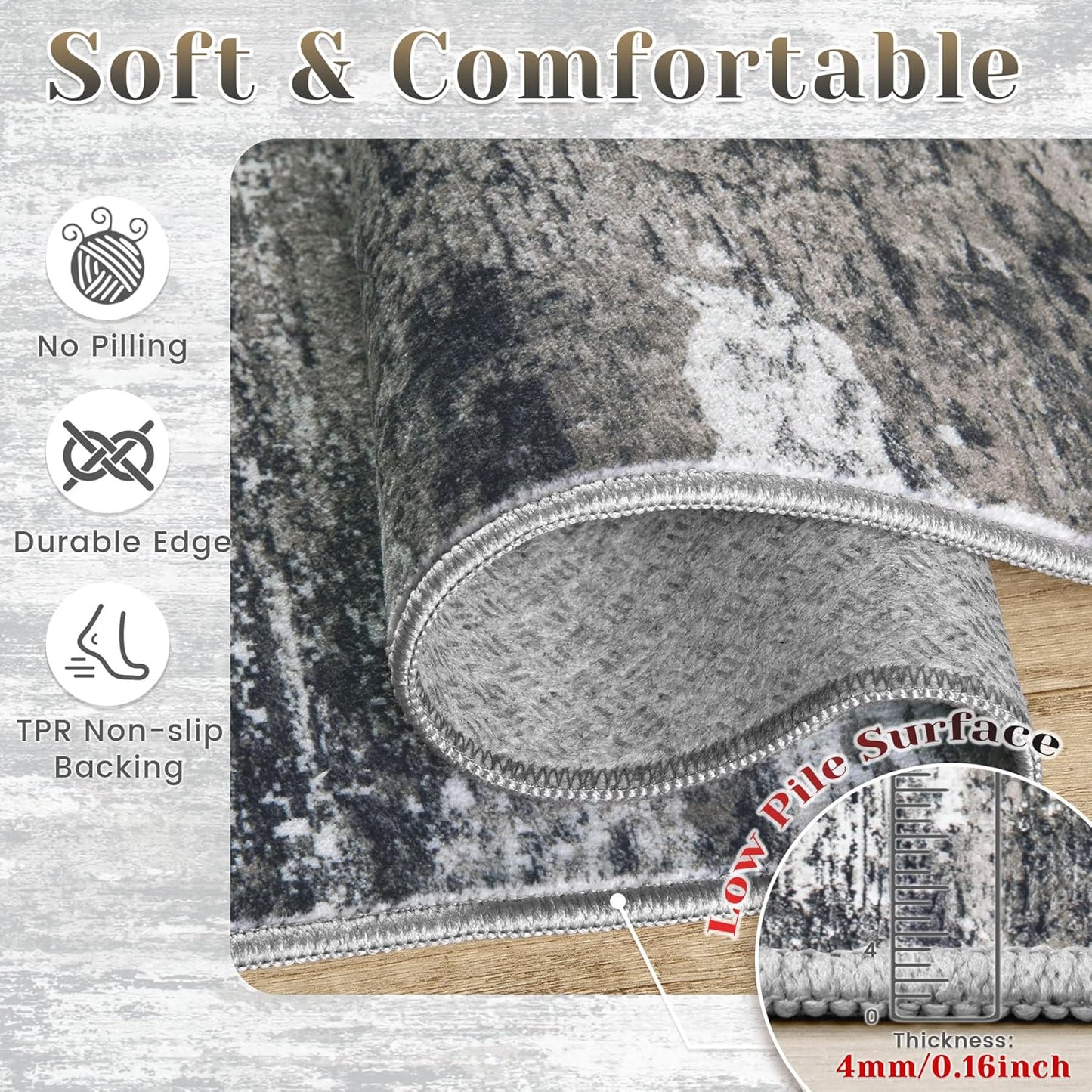 Washable Rug 5x7 Area Rugs for Living Room: Neutral Soft Rug Abstract Non Slip Low Pile Modern Carpet for Bedroom Kitchen Nursery Office Dining Room Indoor (Black, 5'x7')