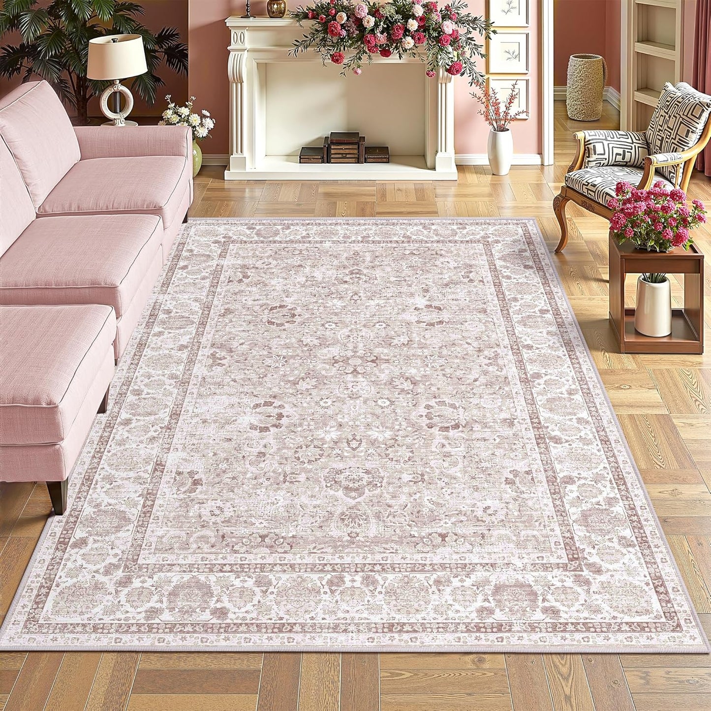 Pink Nursery Rug 5x8 Large Area Rugs for Living Room Vintage Rug Boho Floral Washable Area Rugs Indoor Carpet for Bedroom Dining Room Kids Room