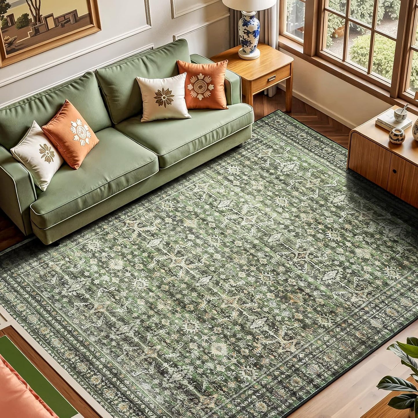 Lofus 5x7 Area Rug for Living Room,Green Washable Area Rugs with Non-Slip Backing,Soft Boho Carpets for Bedroom Dining Room Home Office Indoor Nursery