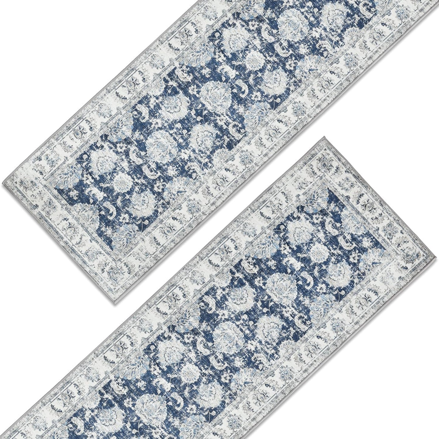 jinchan Runner Rug 3x10-2pcs Kitchen Washable Vintage Hallway Rug Floral Print Floor Cover Indoor Thin Retro Mat Accent for Bathroom Laundry Room Bedroom Office Farmhouse (Double,Dark Blue)