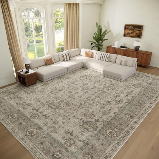 Washable 9x12 Area Rugs for Living Room, Boho Non-Slip Silicone Backing Rugs for Bedroom Dining Room Nursery Office, 0.3" Neutral Oriental Throw Carpet with 0.16" Cushioning Pad, Light Brown/Multi
