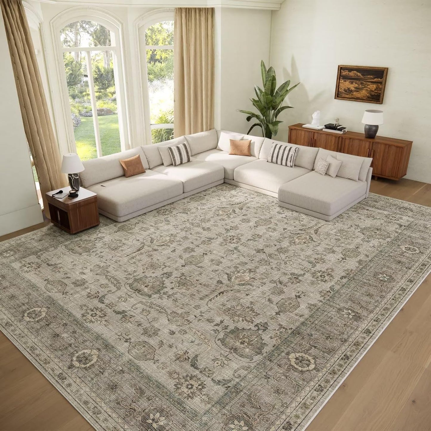 Washable 10x14 Area Rugs for Living Room, Boho Non-Slip Silicone Backing Rugs for Bedroom Dining Room Office, 0.3" Neutral Oriental Throw Carpet with 0.16" Cushioning Pad, Light Brown/Multi