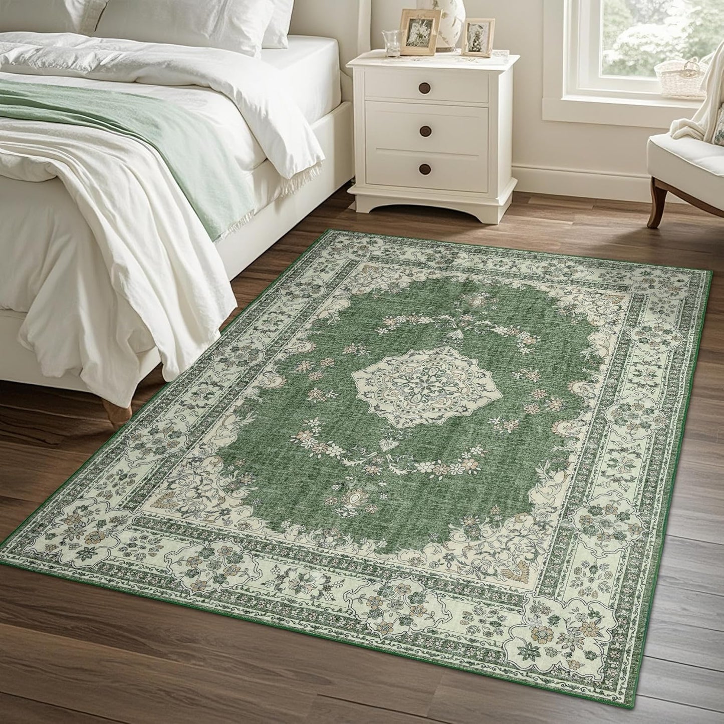 4x6 Area Rug Washable: Oriental Soft Area Rug for Living Room Bedroom No Shedding - Low Pile Thin Carpet Rug for Dining Room Non Slip - Boho Vintage Rug for Home Decor - Olive Green