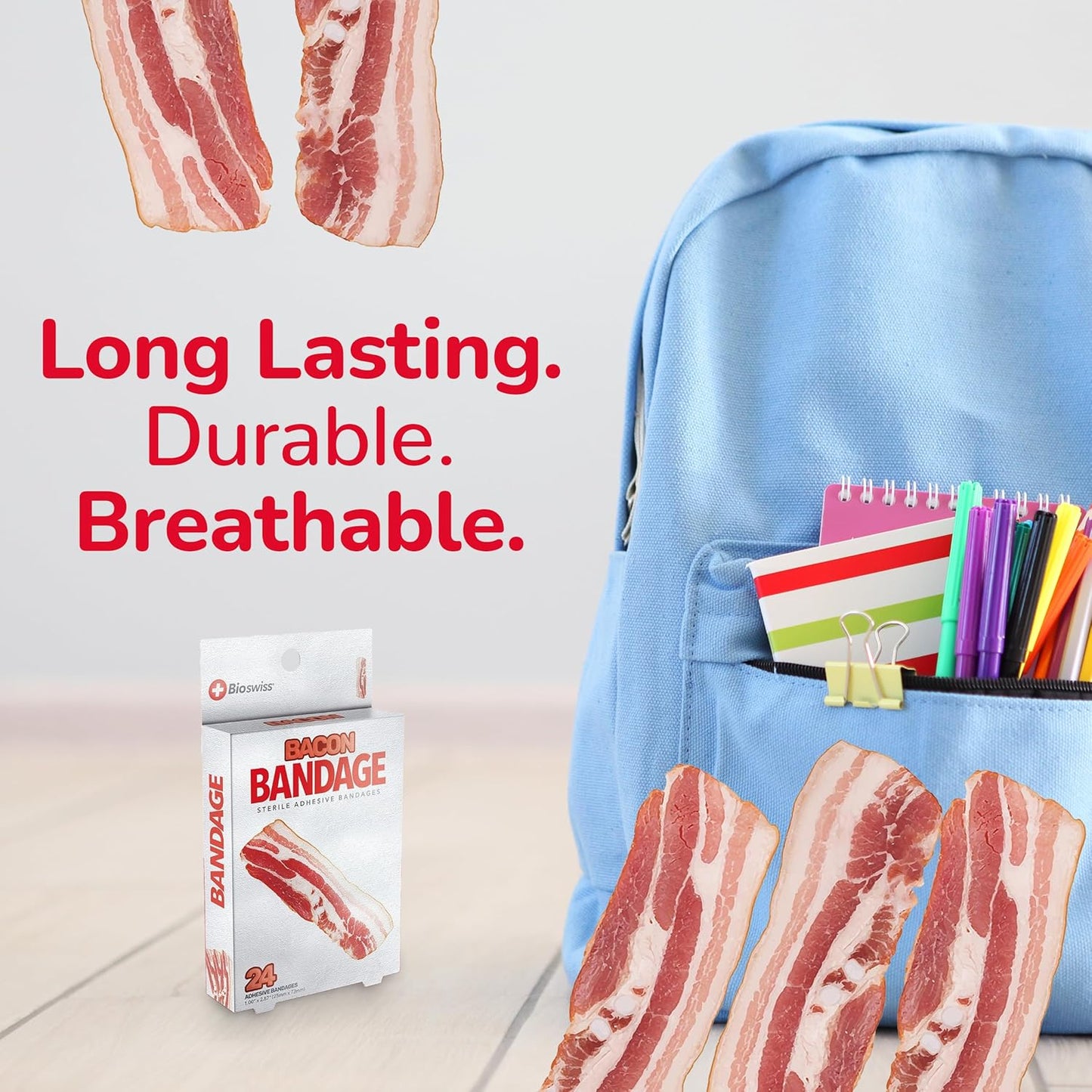 BioSwiss Bandages, Bacon Shaped Self Adhesive Bandage, Latex Free Sterile Wound Care, Fun First Aid Kit Supplies for Kids, 24 Count