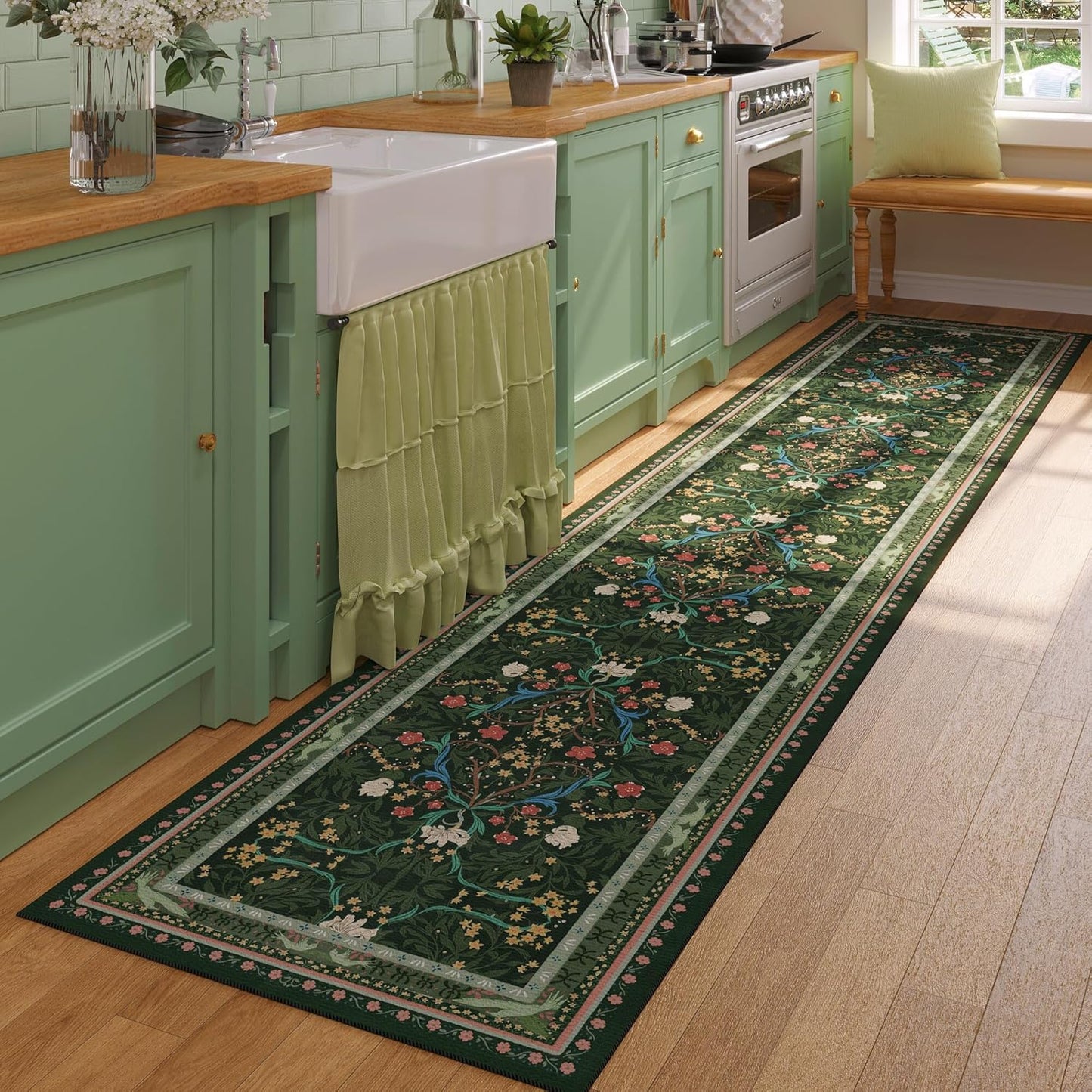 Runners for Kitchen Runner Rug Non Slip 2'x10' Long Washable Rugs with Rubber Backing Soft Vintage Floral Botanical Carpet Runner for Kitchen, Laundry, Bedroom, Bathroom, Green