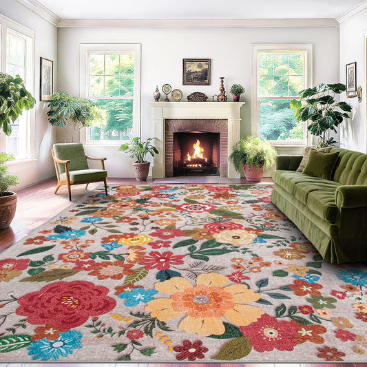 8x10 Area Rug for Living Room: Vintage Floral Washable Rug Soft Boho Non Slip Carpet Large Indoor Floor Non Shedding Low Pile Thin Carpets for Bedroom Dining Room Farmhouse Nursery Home Office Beige