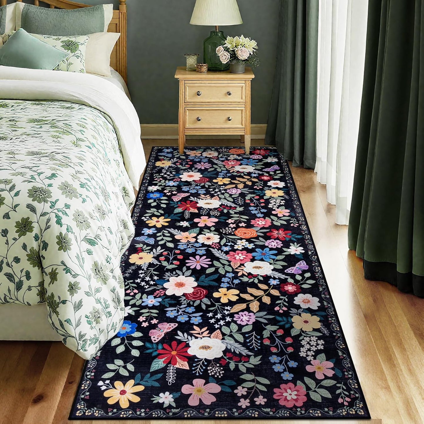 Runner Rug for Entryway: 2x6 Kitchen Rugs Non Slip Washable Ultra-Thin Soft Floral Carpet Indoor Floor Stain Resistant Carpets for Hallway Bedroom Kitchen Laundry Bathroom Dorm Black