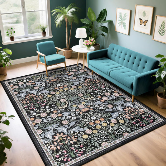Area Rug Living Room Rugs: Floral 5x7 Washable Rug Vintage Soft Boho Non-Slip Carpet Indoor Stain Resistant Large Carpets for Bedroom Dining Room Farmhouse Nursery Hallway Home Office Dark Black