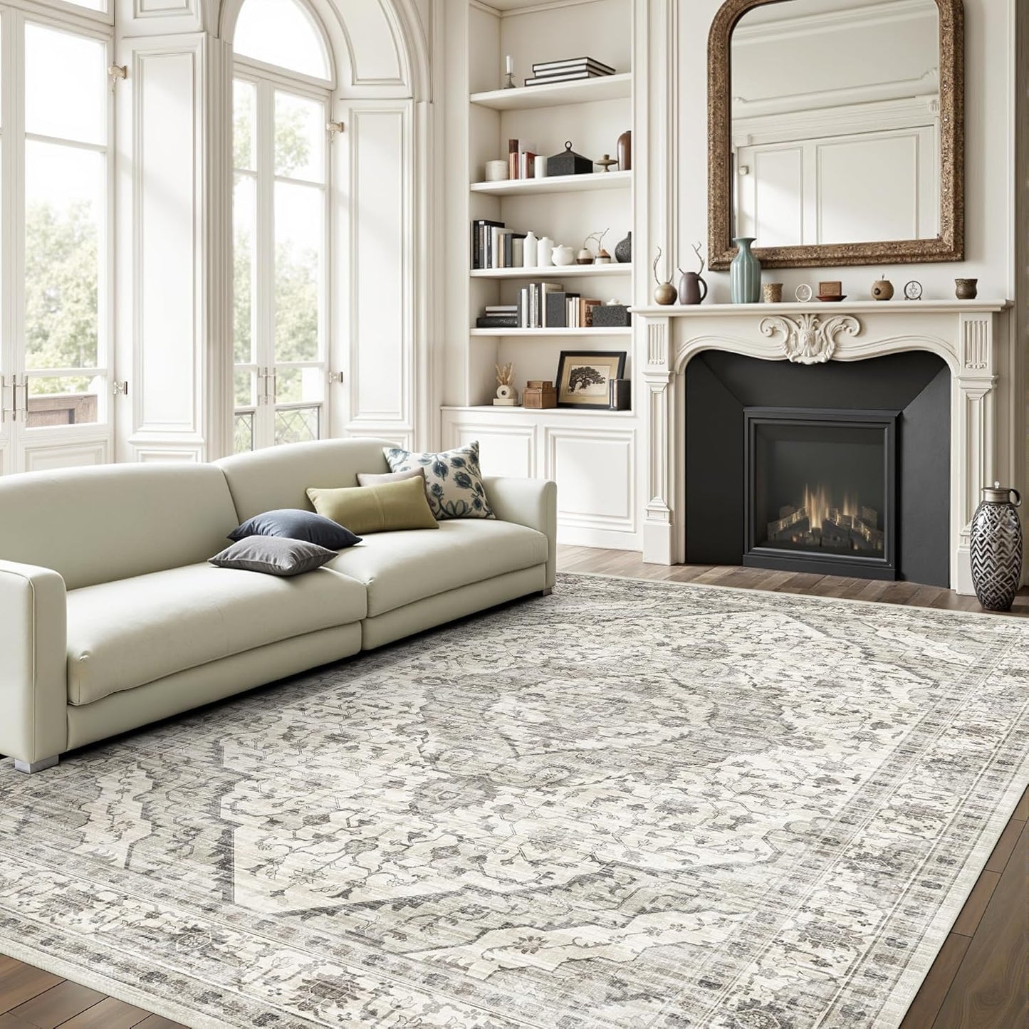 Area Rug 4x6 for Living Room - Vintage Machine Washable Soft Indoor Boho Rug for Bedroom Decor, Non-Slip Backing Farmhouse Cream/Grey