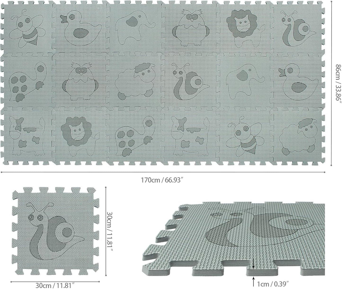 qqpp EVA 18 Tiles Baby Play Mat for Playing, Interlocking Foam Floor Mats for Tummy Time & Crawling, Puzzle Flooring Tiles with Animals Laser Pattern for Kids. Gray. QL-11(L) b18N