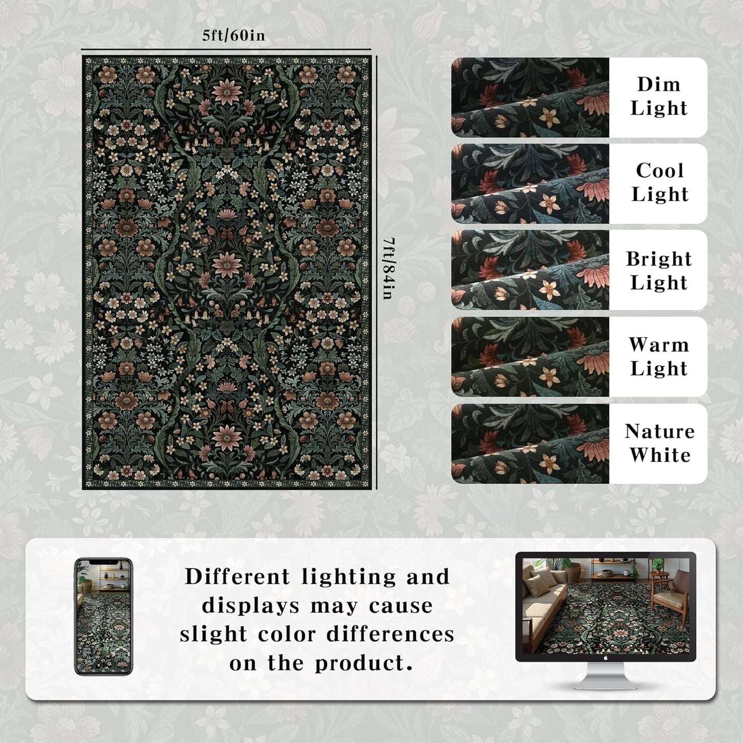 5×7 Black Washable Floral Area Rug,Vintage Boho Soft Low-Pile Living Room Rugs, Stain Resistant Botanical Non-Slip Carpet for Bedroom,Dining Room, Kids Nursery,Home Decor